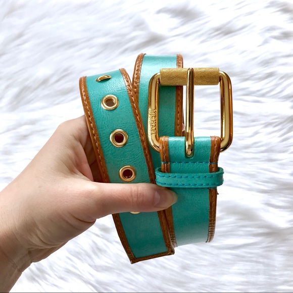 Michael Kors Accessories - MICHAEL KORS Teal Blue Camel Gold Buckle Wide Belt